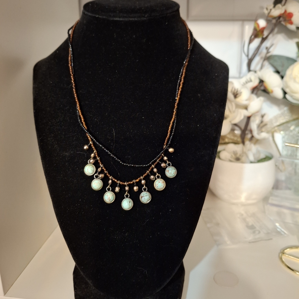 David Aubrey Larimar Cabachon Necklace with Gold Accents 16"
